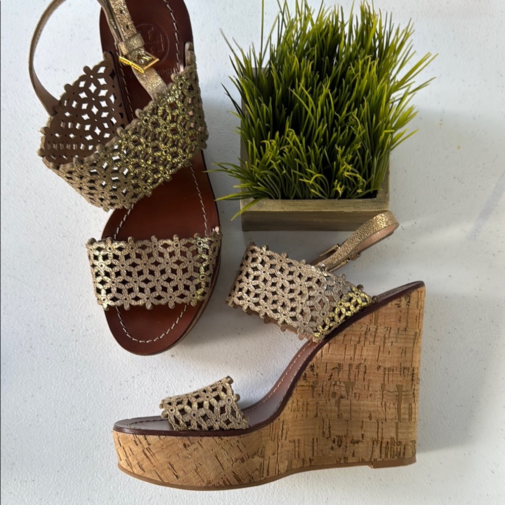 Tory Burch Gold and Brown Wedge Sandals